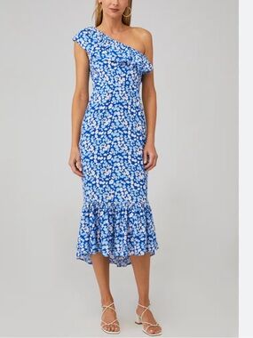 Rue Stiic Westcott One Shoulder Floral Midi Dress Blue Pansy Print 39265